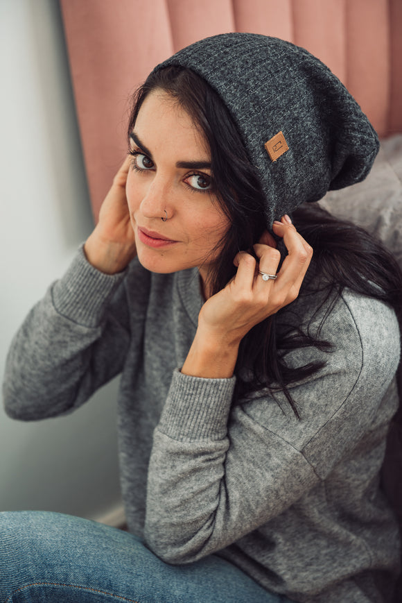 ADULT SLOUCHY BEANIE - CHARCOAL RIB KNIT - Flynn Jaxon